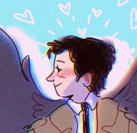 a drawing of a man with an angel wings on his head, and hearts above him