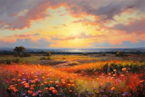 Sunset flower field landscape painting | Premium Photo Illustration ...