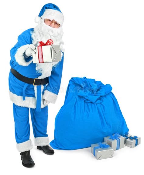 Blue Santa Gives A Present Stock Photo - Image: 62551253