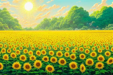 Premium Photo | Summer with Sunflower field Anime art style