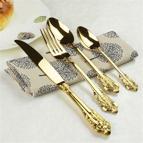 Vintage Western Gold Plated Cutlery 24pcs Dining Knives Forks Teaspoons Set Golden Luxury ...