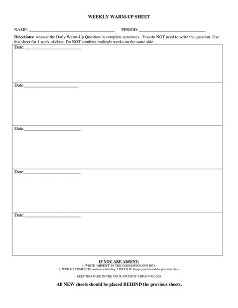 Weekly warm-up sheet in Word and Pdf formats