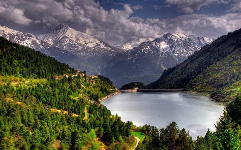 Green Pine Forest, Snowy Mountains, The Lake Where Amir Kabir Dam Iran ...