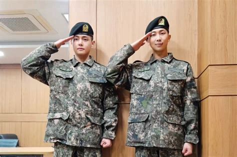 LOOK: BTS' RM, V in military uniforms | ABS-CBN News