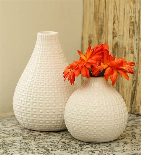 Buy White Ceramic Round Glazed Decorative Vase - Set of 2 by Aapno Rajasthan Online - Ceramic ...