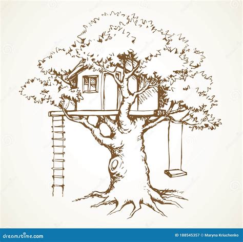 Wooden Tree House. Vector Drawing Stock Vector - Illustration of climbing, ladder: 188545357