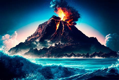 Premium AI Image | Volcanic eruption on the island illustration Blue sky and water ocean sea ...