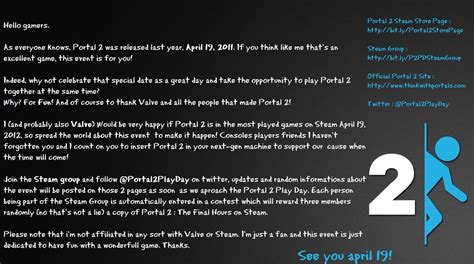 April 19th is Portal 2's first birthday and a Portal 2 play day is ...