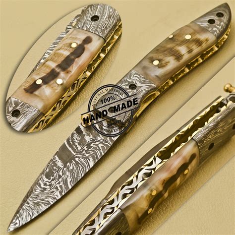 Damascus Folding Knife Custom Handmade Damascus Steel Folding Liner