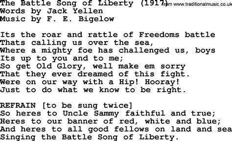 World War One(WW1)Era Song Lyrics for: The Battle Song Of Liberty 1917