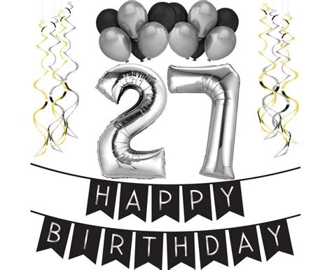 27th Birthday Party Pack Black & Silver Happy Birthday Bunting, Balloon, and Swirls Pack ...