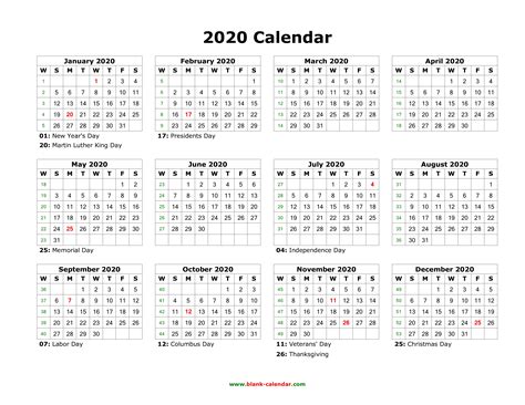 Download Blank Calendar 2020 with US Holidays (12 months on one page, horizontal)