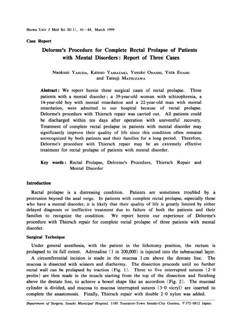 (PDF) Delorme's Procedure for Complete Rectal Prolapse of Patients with Mental Disorders: Report ...