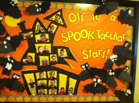 October bulletin board. Haunted house Halloween theme. Complete with scary student photos ...