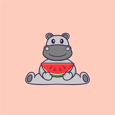 Cute hippopotamus eating watermelon. Animal cartoon concept isolated ...