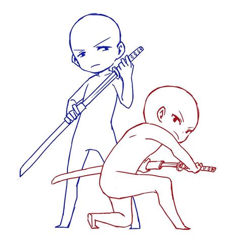 Draw the squad katana pose, couple pose, duo pose, chibi Drawing Base, Figure Drawing, Manga ...