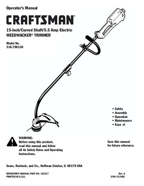 Craftsman 316.790130 15 Inch Weedwacker Trimmer Owners Manual