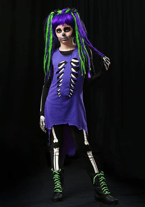 Child Purple & Green Skeleton Girl Costume