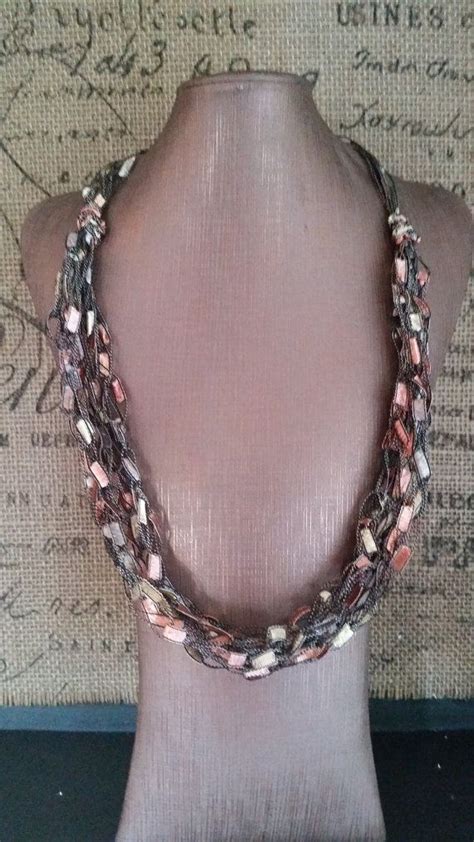 Peach and Gold Yarn Necklace Crocheted using Ladder/Ribbon Yarn ...