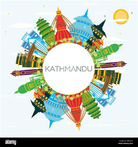 Kathmandu Nepal City Skyline with Color Buildings, Blue Sky and Copy Space. Vector Illustration ...