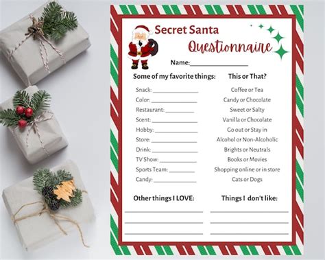 Secret Santa Questionnaire Printable. Secret Santa Form. - Etsy