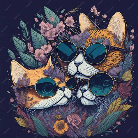 Premium AI Image | A drawing of cats wearing sunglasses and a flower background.