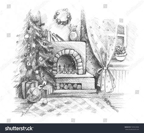 New Year Christmas Celebration Pencil Drawing Stock Illustration ...