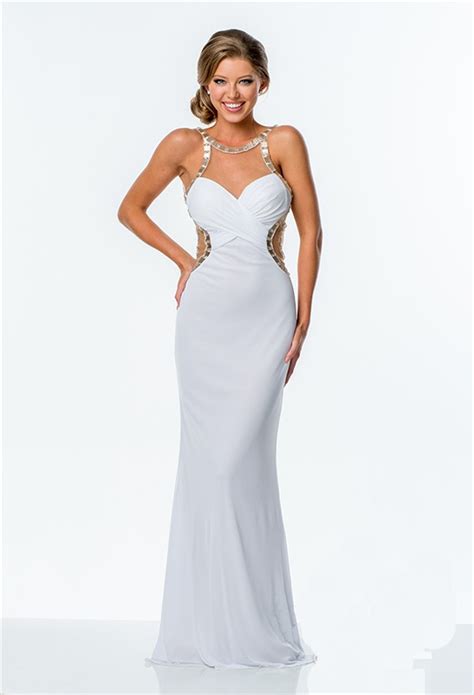 Fitted Illusion Neckline Low Back White Beaded Long Prom Dress Side Cut Out