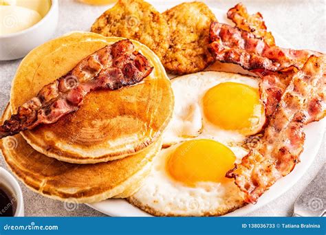 Healthy Full American Breakfast with Eggs Bacon Pancakes and Latkes Stock Image - Image of ...