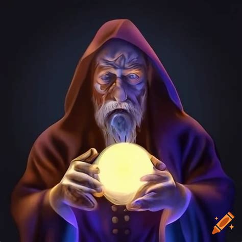 A wise wizard holding a glowing crystal ball on Craiyon