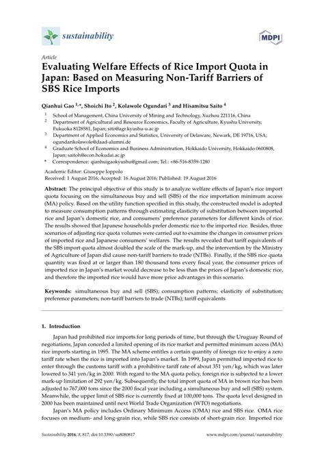 (PDF) Evaluating Welfare Effects of Rice Import Quota in Japan: Based on Measuring Non-Tariff ...