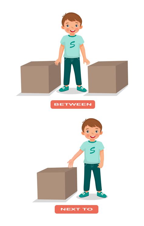 Preposition of place illustration little boy standing between and next to the box English ...