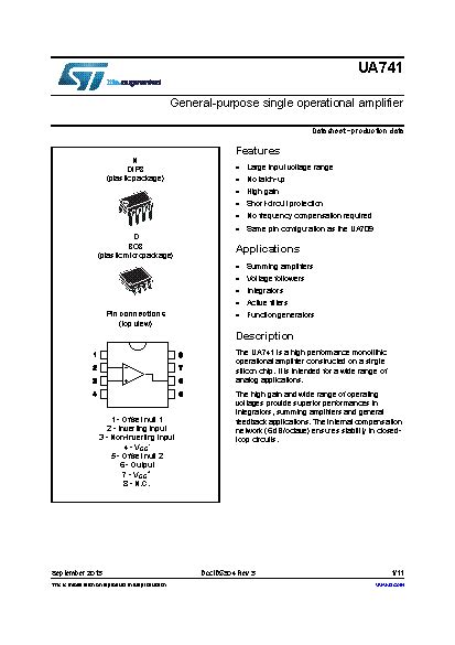 UA741 datasheet - Wide applications range. The UA741 is a high performance