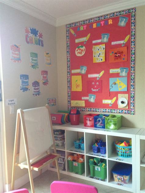 Art center organization | Home daycare ideas, Home daycare, Daycare setup