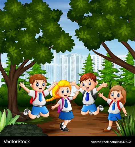 Cartoon happy kids in school uniform at city backg