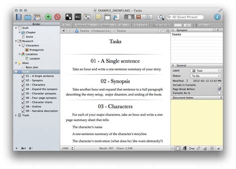 Snowflake method template for Scrivener 2.x