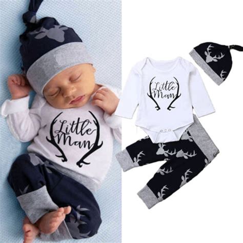 Bagilaanoe Newborn Baby Boys Outfit Set - Little Man Romper, Deer Print Leggings Pants, and Hat ...