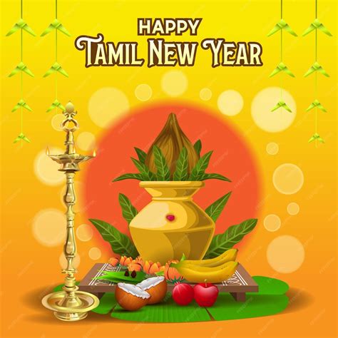 Premium Vector | Happy tamil new year greetings with traditional ritual elements