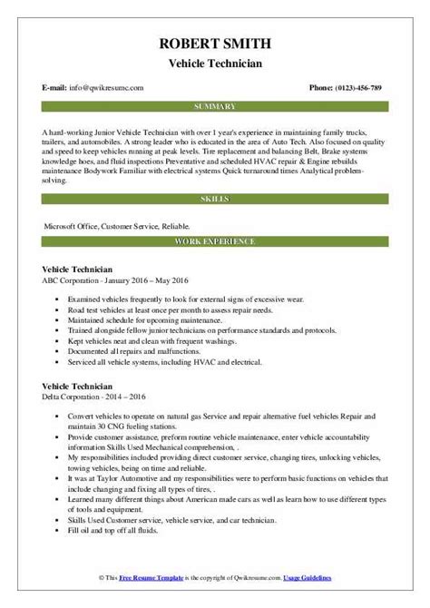 Vehicle Technician Resume Samples | QwikResume