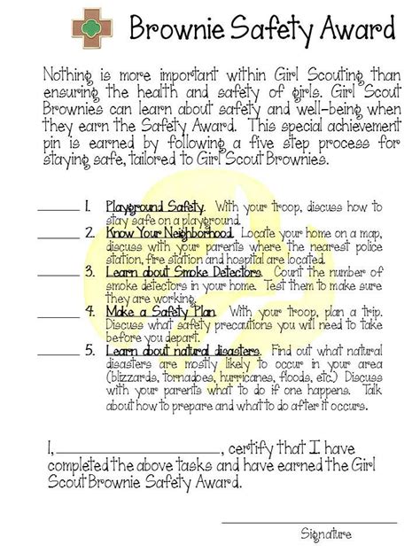 Girl Scout Brownie Safety Award Pin guidelines and worksheet. Girl ...