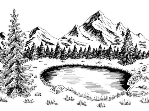 Mountain pond graphic black white landscape sketch illustration vector ...