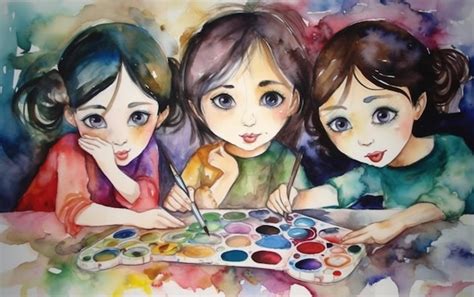 Premium AI Image | Three children painting with paint brushes and watercolors.