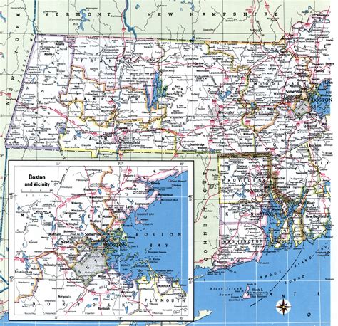 Map of Massachusetts showing county with cities,road highways,counties,towns