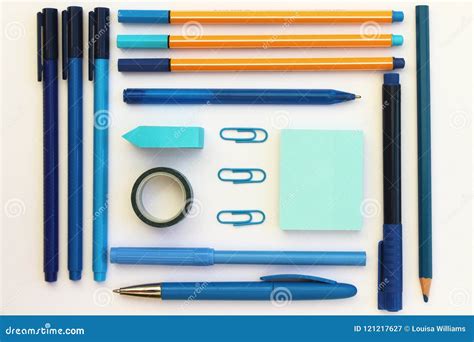 Blue Stationery Flat Lay stock image. Image of background - 121217627