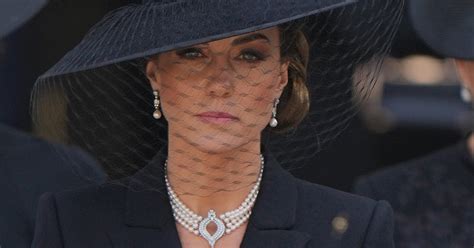 Kate Middleton at Queen's Funeral, Pearls, Veil & Black Coat Dress