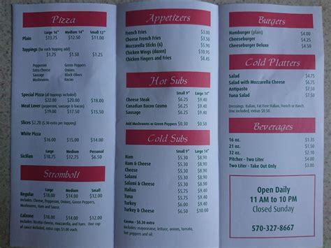 Menu at Venice Pizza pizzeria, Williamsport