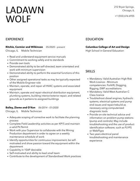 Mobile Technician Resume Samples | Velvet Jobs