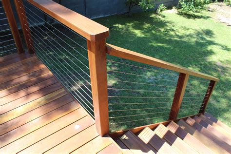 Harwood balustrade with stainless steel tension wires! | Railings outdoor, Outdoor stairs, Deck ...