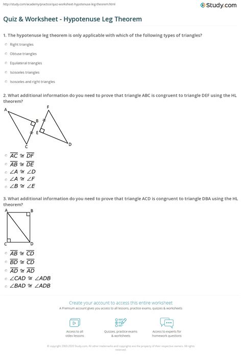 Quiz & Worksheet - Hypotenuse Leg Theorem | Study.com