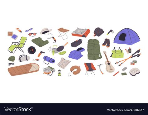 Hiking gear set travel equipment tent backpack Vector Image